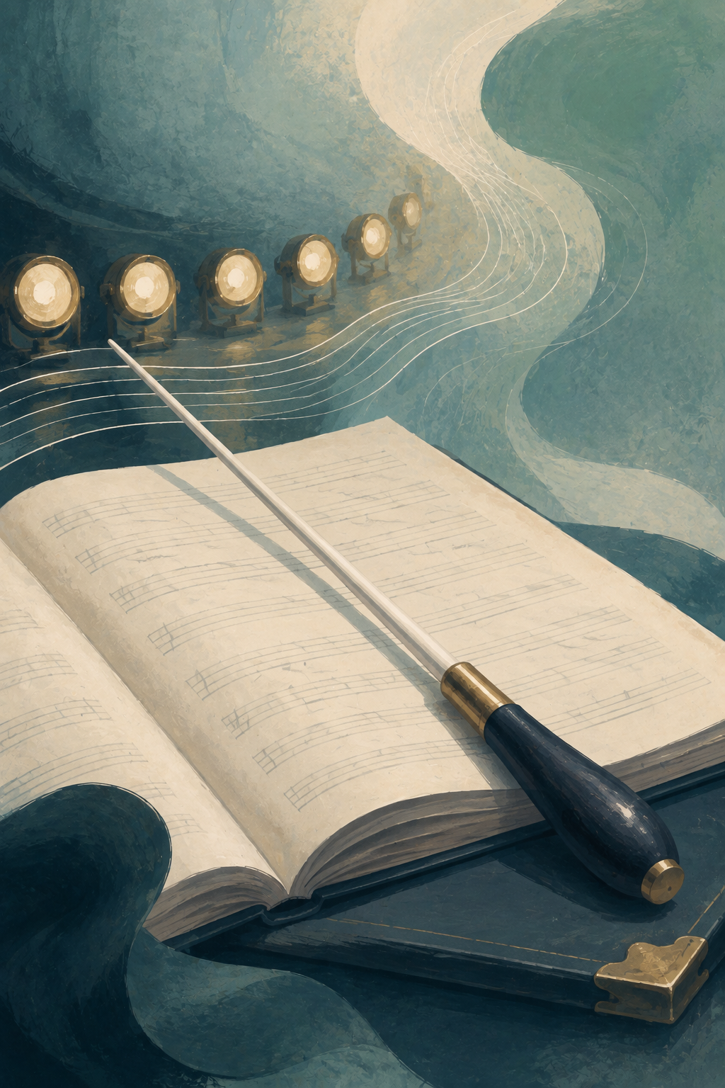 Illustration of a conductor’s baton resting on an orchestral score