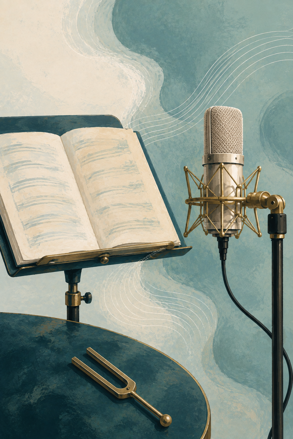 Illustration of a vocal score, studio microphone and tuning fork